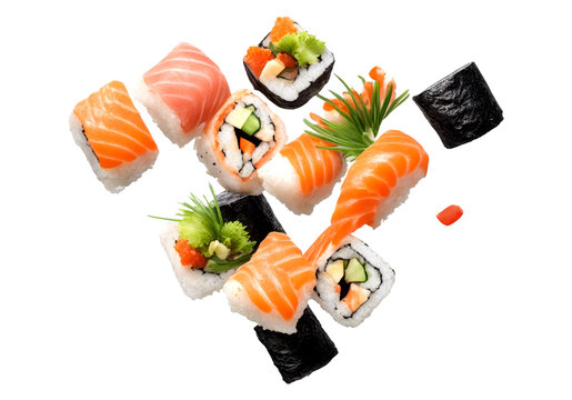 Assorted sushi pieces with salmon floating in the air isolate on transparent background, cutout, png