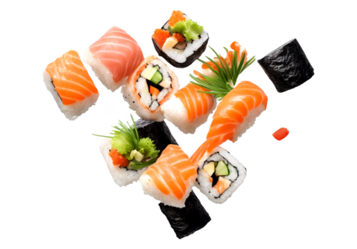 Assorted sushi pieces with salmon floating in the air isolate on transparent background, cutout, png