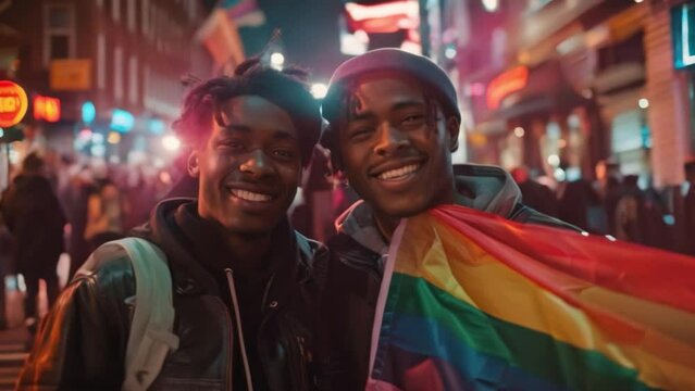 Two gay men, one black and the other. Holding a rainbow flag and smiling They are confident and proud. LGBTQ shops and restaurants with gender equality concepts.