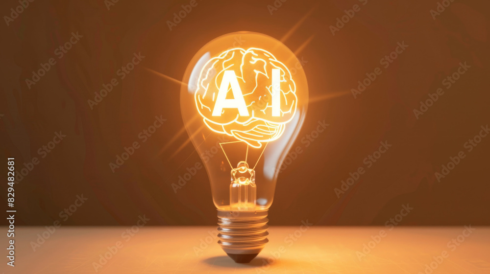 Poster a light bulb with a brain inside of it and the word ai on grey background. concept of artificial int
