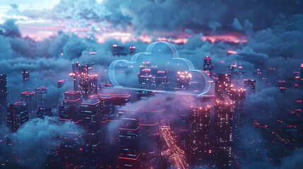 Cloud computing technology concept. Smart city and digital cloud data center.Futuristic big data processing cloud