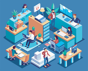 isometric view of people working in office flat vector illustration