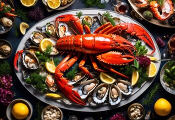 exquisite seafood platter featuring lobster oysters, delicious, gourmet, fresh, culinary, appetizing, shellfish, crustacean, delicacy, tasty, meal, dining