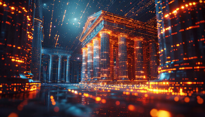 A mesmerizing scene of ancient columns adorned with glowing digital lights, blending classical architecture with futuristic technology in a surreal display.