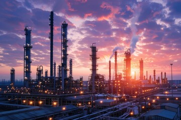 Fototapeta premium Oil Refinery. Industrial Plant Illuminated Amidst Pollution and Energy Production