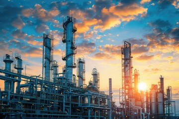 Fototapeta premium Oil Refinery. Industrial Plant Illuminated Amidst Pollution and Energy Production