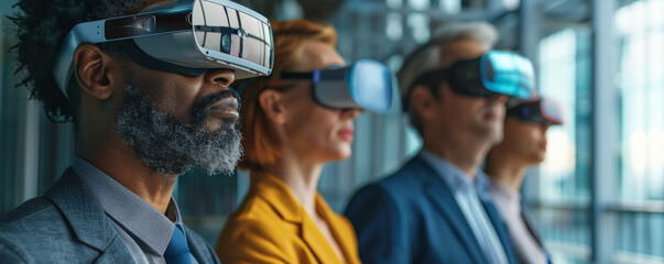 A diverse group of business professionals wearing VR headsets, exploring virtual reality technology in a modern office environment.