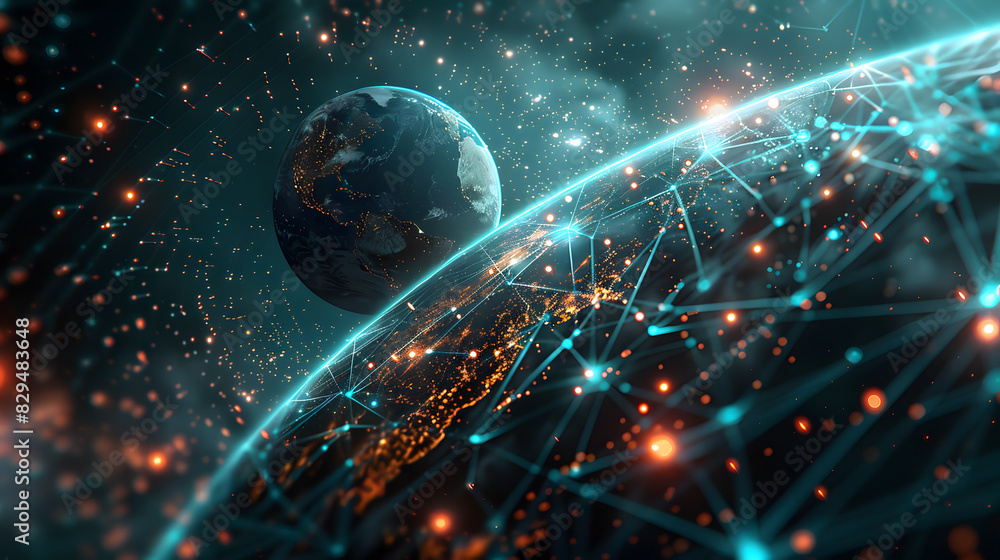 Poster digital data network conveying global abstract illustration of a scientific technology data network 
