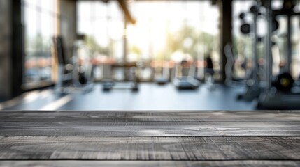 Blurred wooden table view of a modern gym or fitness center in the background. There is a clear focus on the wooden table or counter in the foreground. The wood surface looks rustic