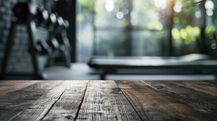 Blurred wooden table view of a modern gym or fitness center in the background. There is a clear focus on the wooden table or counter in the foreground. The wood surface looks rustic