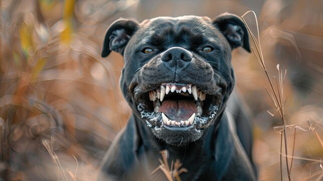Beautiful angry dog staffordshire bull terrier. Blue american staffordshire terrier amstaff guard snatch criminal clothes. Service dog training Dog bites clothe during angry attack. Evil teeth in grin