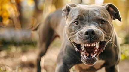 Obraz premium Beautiful angry dog staffordshire bull terrier. Blue american staffordshire terrier amstaff guard snatch criminal clothes. Service dog training Dog bites clothe during angry attack. Evil teeth in grin