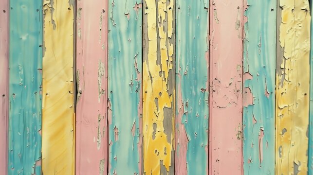  A tight shot of a weathered wooden fence, sporting various shades of blue, yellow, pink, and green paint Chips of paint flake off the fence's top boards