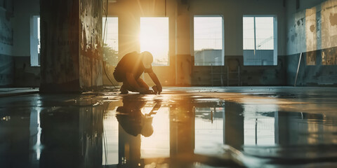 Construction worker finishing concrete at a construction site 