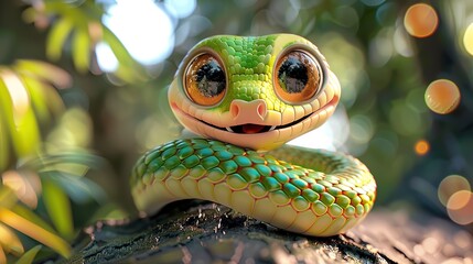 Beautiful cartoon friendly snake with colorful scales on an abstract background with bokeh and highlights