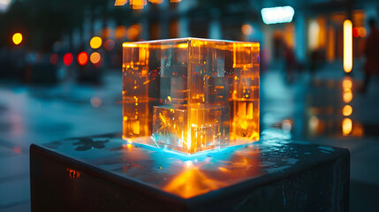 Glass cube with glowing lights in dark