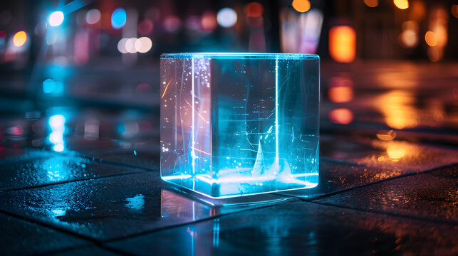 Glass cube with glowing lights in dark