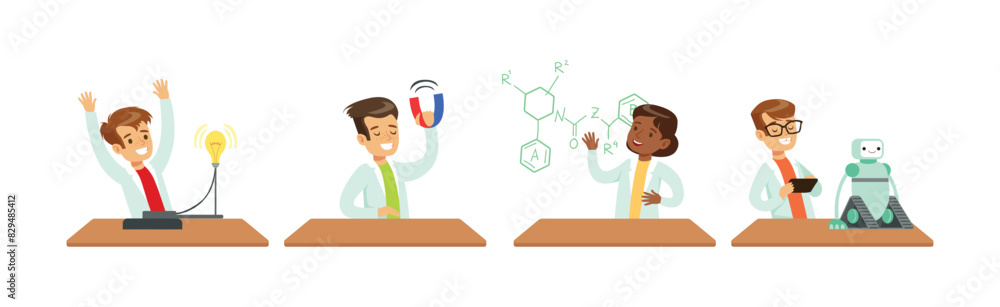 Poster kid scientist character in gown at laboratory doing research vector set