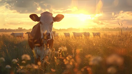 Cows herd on a grass field during the summer at sunset. A cow is looking at the camera sun rays are piercing behind her horns