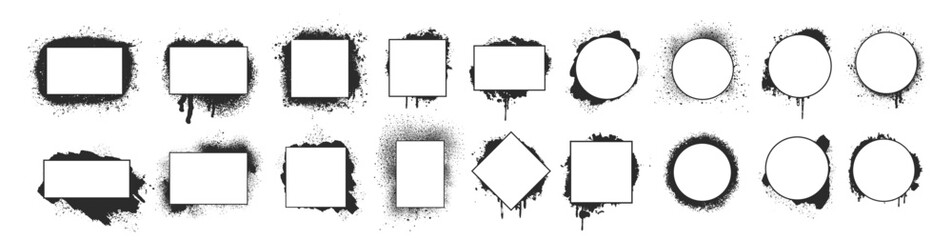 Stencil frame dirty texture rectangle border. Set of hand drawn spray paint frames and text banners. Grunge background