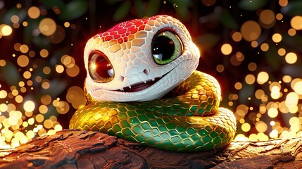 Beautiful cartoon friendly snake with colorful scales on an abstract background with bokeh and highlights