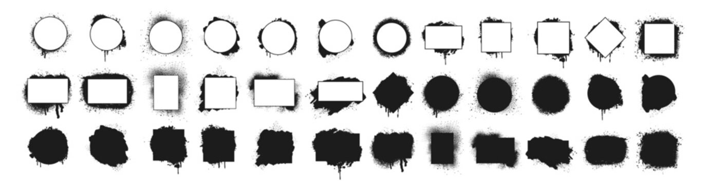 Stencil frame dirty texture rectangle border. Set of hand drawn spray paint frames and text banners. Grunge background