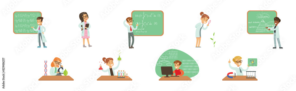 Poster kid scientist character in gown at laboratory doing research vector set