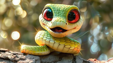 Beautiful cartoon friendly snake with colorful scales on an abstract background with bokeh and highlights