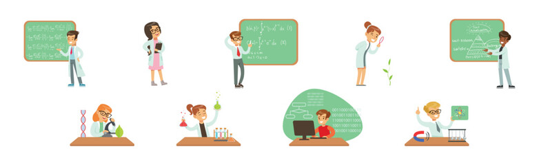 Kid Scientist Character in Gown at Laboratory Doing Research Vector Set