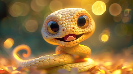 Beautiful cartoon friendly snake with colorful scales on an abstract background with bokeh and highlights