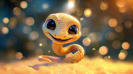 Beautiful cartoon friendly snake with colorful scales on an abstract background with bokeh and highlights