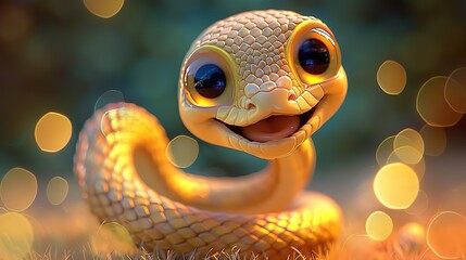 Beautiful cartoon friendly snake with colorful scales on an abstract background with bokeh and highlights