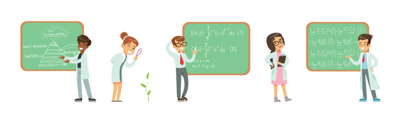 Naklejka premium Kid Scientist Character in Gown at Laboratory Doing Research Vector Set