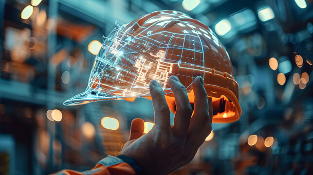 Image capturing a man's hand unveiling holographic construction plan from hardhat, with blurred worker on site, expressing civil engineering excellence