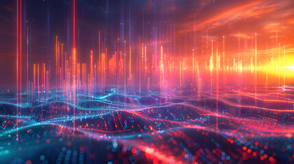 Multicolor glowing data over abstract digital landscape
