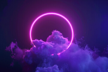 Fototapeta premium Dark sky scene enhanced by a bright purple neon ring around a cloud.