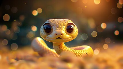 Beautiful cartoon friendly snake with colorful scales on an abstract background with bokeh and highlights