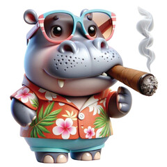Cute hippo wearing Hawaiian costume standing holding a cigar on the beach
