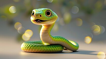 Fototapeta premium Beautiful cartoon friendly snake with colorful scales on an abstract background with bokeh and highlights
