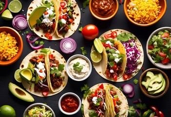 colorful street vendor tacos display fresh ingredients sauces, vibrant, delicious, tasty, appetizing, flavorful, mouthwatering, aromatic, savory, unique