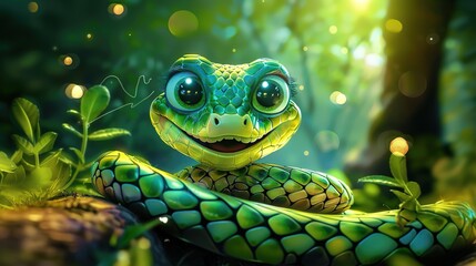 Beautiful cartoon friendly snake with colorful scales on an abstract background with bokeh and highlights