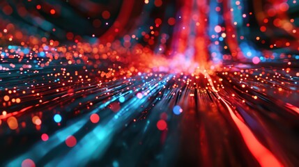 Fototapeta premium Abstract digital background of vibrant neon red and blue bokeh lights with dynamic lines and fiber optic textures