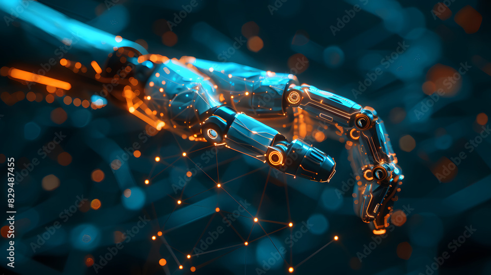 Poster robot hand touch wireframe light connection structure background