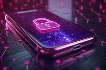 Cybersecurity smartphone interface, highlighting mobile data protection with a neon lock.