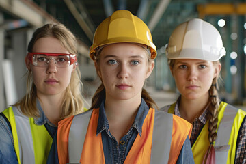 Three young female engineers in work attire, looking determinedly into the camera