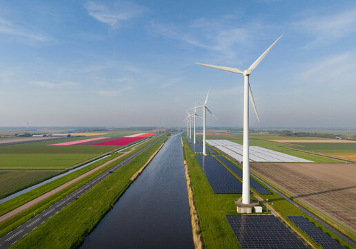 Solar panels and wind turbines on tulip fields near water stream