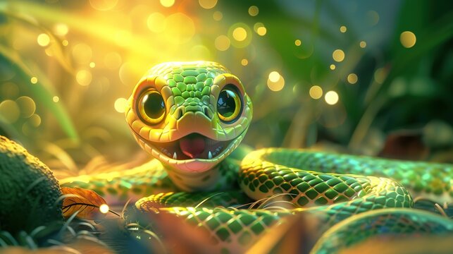 Beautiful cartoon friendly snake with colorful scales on an abstract background with bokeh and highlights