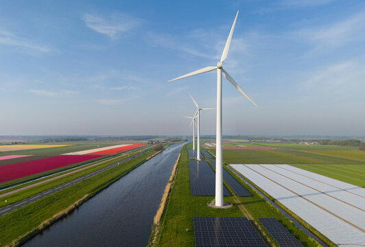Solar panels and wind turbines on tulip fields near water stream under sky