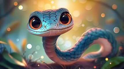 Fototapeta premium Beautiful cartoon friendly snake with colorful scales on an abstract background with bokeh and highlights