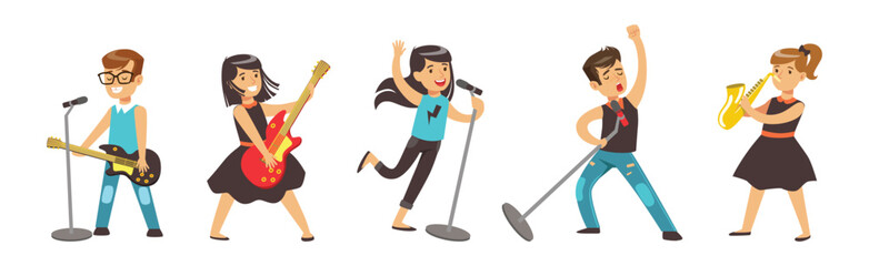 Happy Kid Rock Musician Play Instrument and Sing on Stage Vector Set